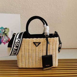 Prada Wicker Canvas Basket Bag Replica pun59952