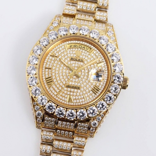 Classic Rolex Replica Watch Day-Date 39MM Men's Champagne Full Diamonds rok65826