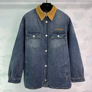 25SS Miu Miu Replica Logo Embroidered Corduroy Collar Denim Jacket GWB2341