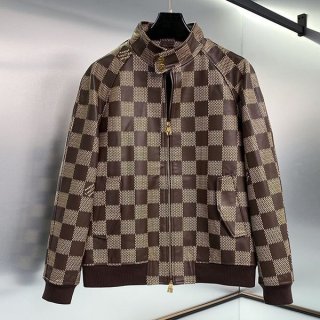24AW Louis Vuitton Replica Leather Jacket Brown Damier 1AFILP