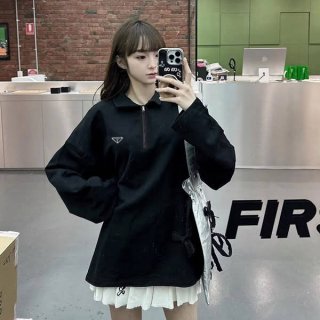 Secured Prada knockoff Re-Nylon x cotton pique zip-up long sleeve polo shirt pub43397