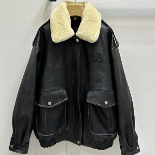 Super limited edition? Miu Miu shearling trim leather jacket replica myu06779