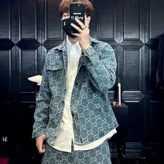 Stylish Gucci GG Jacquard Denim Shirt Replica Blue White gue62144