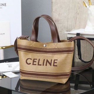Celine Cabas Mini Leather Trim Logo Raffia Tote Bag Ceq59838