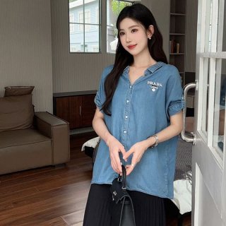 Hard to find! Prada logo denim shirt replica pul54885