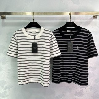 Super Hot Topic! 2024SS Saint Laurent Striped T-Shirt Replica Short Sleeve Crew Neck Sao54951