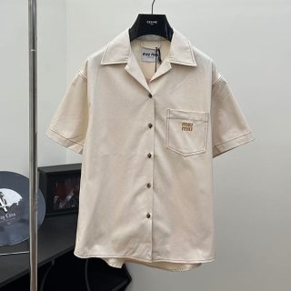 Best Price Challenge Miu Miu Fake Boxy Fit Logo Embroidered Short Sleeve Denim Shirt myp45751