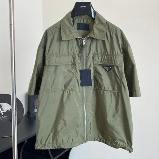 Classic Prada Re-Nylon short sleeve zip-through shirt with logo, knockoff puy20920
