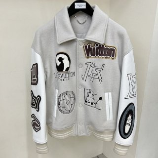 2023 New Louis Vuitton Imitation Wool Patchwork Cowhide Sleeve Embroidery Men's Baseball Jersey vuo04225
