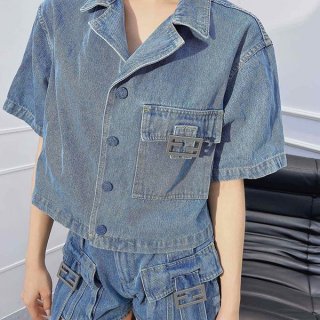 Hard to find replica Fendi cropped FF baguette embellished short sleeve denim jacket fep41634