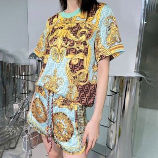 Popular Fender Chain Top and Bottom Set Fake ★ Multicolor Jersey T-Shirt fes01623