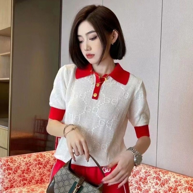 Super Hot Topic! 22 New Arrival Gucci GG Knit Striped Cotton Polo Mini T-Shirt Replica guj76575