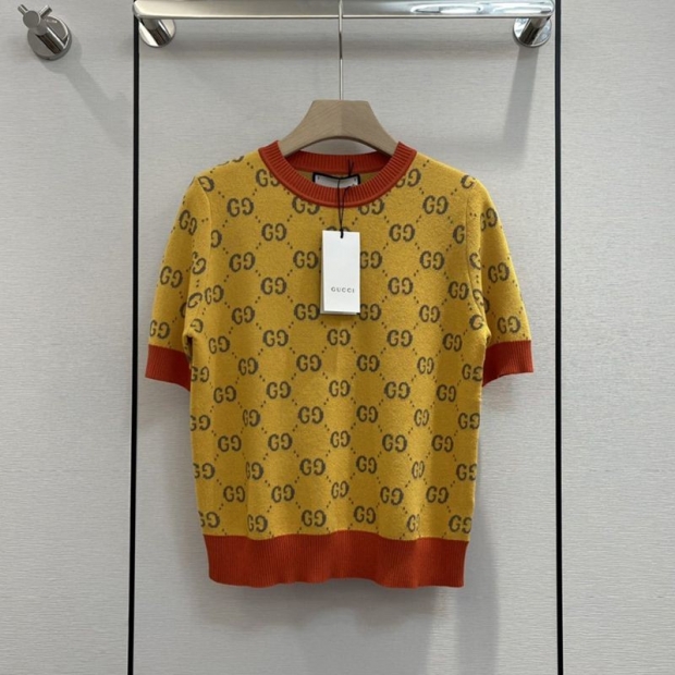 Cute beads! Gucci short sleeve knit T-shirt copy yellow cotton guk18530