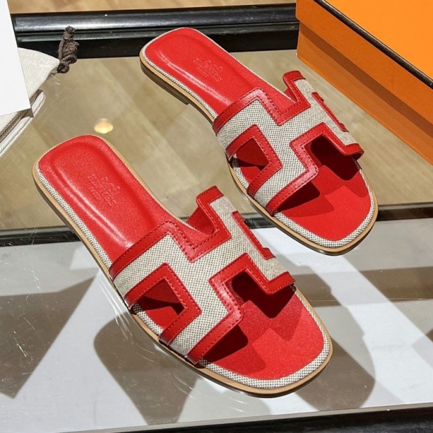 Extremely rare! Hermes Replica Oran Leather & Canvas Sandals ERP42687