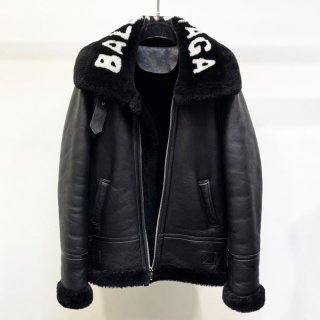 Extremely Rare! Balenciaga Cocoon Aviator Jacket Replica Shiny Lambskin & Bonded Wool Black 646456TKS311069