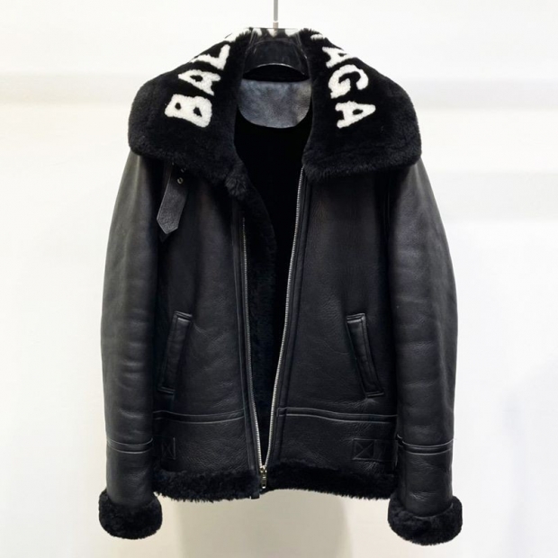 Extremely Rare! Balenciaga Cocoon Aviator Jacket Replica Shiny Lambskin & Bonded Wool Black 646456TKS311069