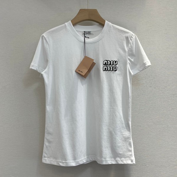 Popular all over the world? Miu Miu logo crystal glitter T-shirt short sleeve fake myi35470
