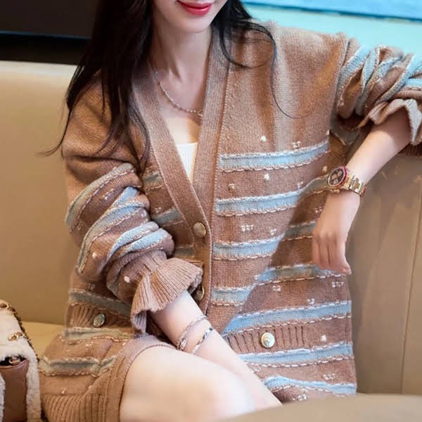 Eye-catching color Chanel sleeve frill knit cardigan parody shu00949 Eye-catching color Chanel sleeve frill knit cardigan parody shu00949