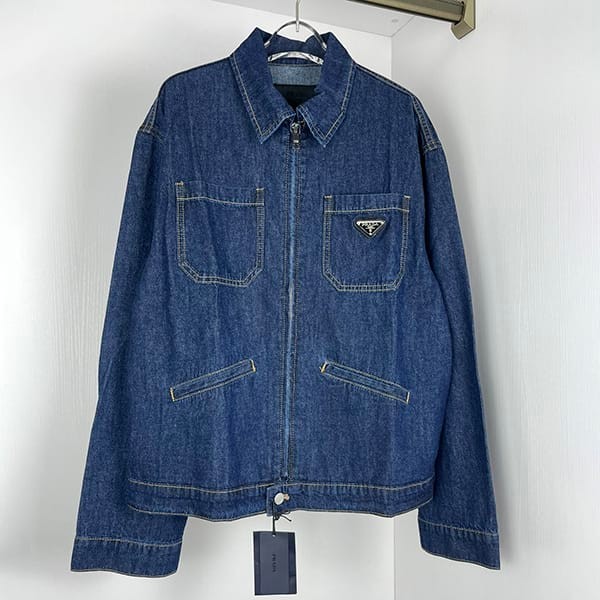 ★Safe shipping with tracking Prada fake logo plate denim jacket blue put40168