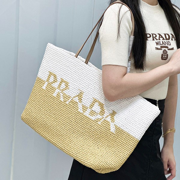 Prada raffia x leather tote bag replica pui11506