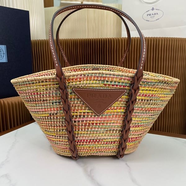Free shipping Prada replica straw x leather tote bag basket puc10341